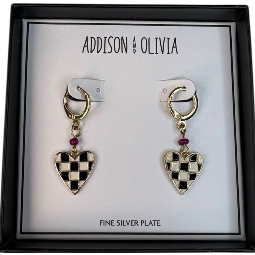 ✅Addison and Olivia Checkered Gold Heart Silver plated Earrings NIB